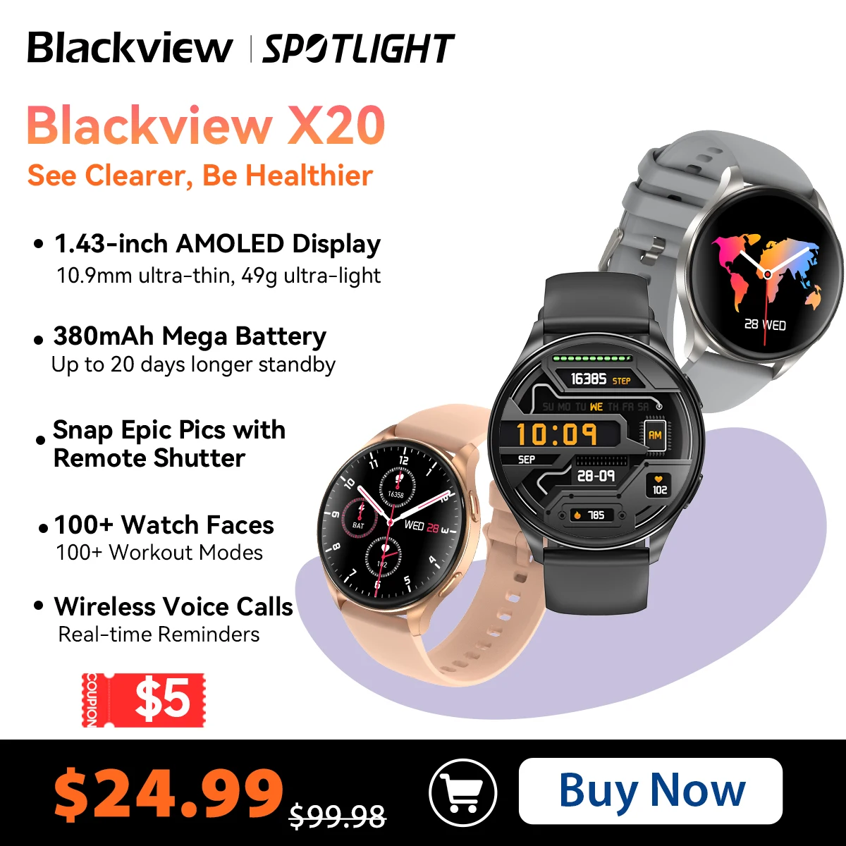 [World Premiere] Blackview 2024 New Smartwatch X20 Watch AMOLED Display Hi-Fi Bluetooth Phone Calls Health and Fitness Tracking